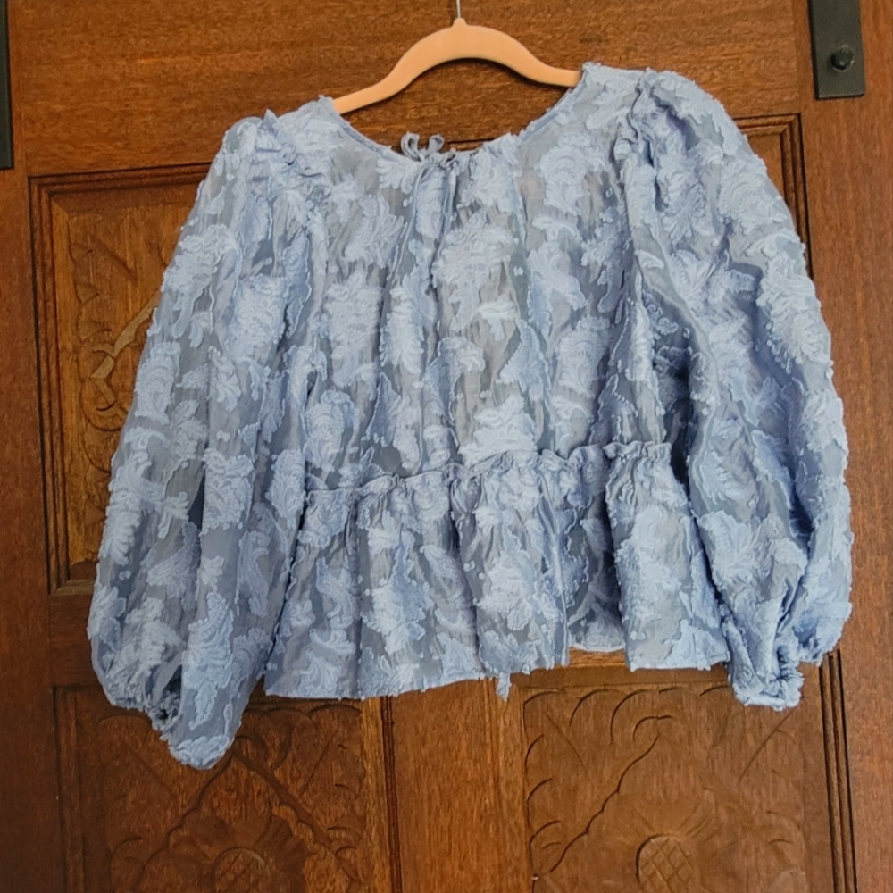 Blue lace, backless, peplum tie back top by Free People. Size small